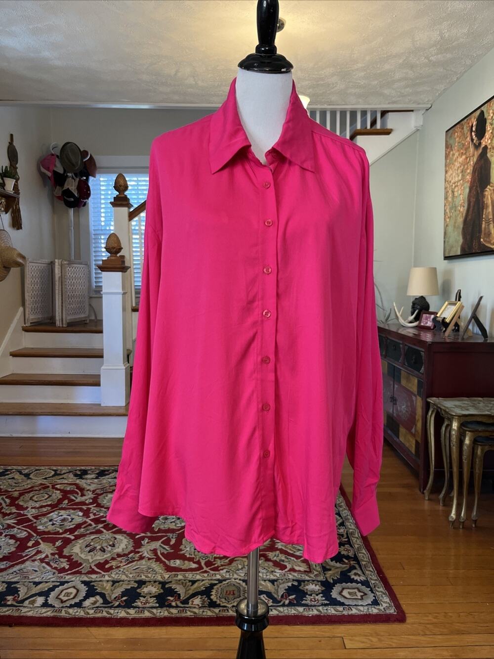 NEW Eloquii Size 20‎ Bright Hot Pink Button Up Classic Shirt Rayon 2X Plus Tunic